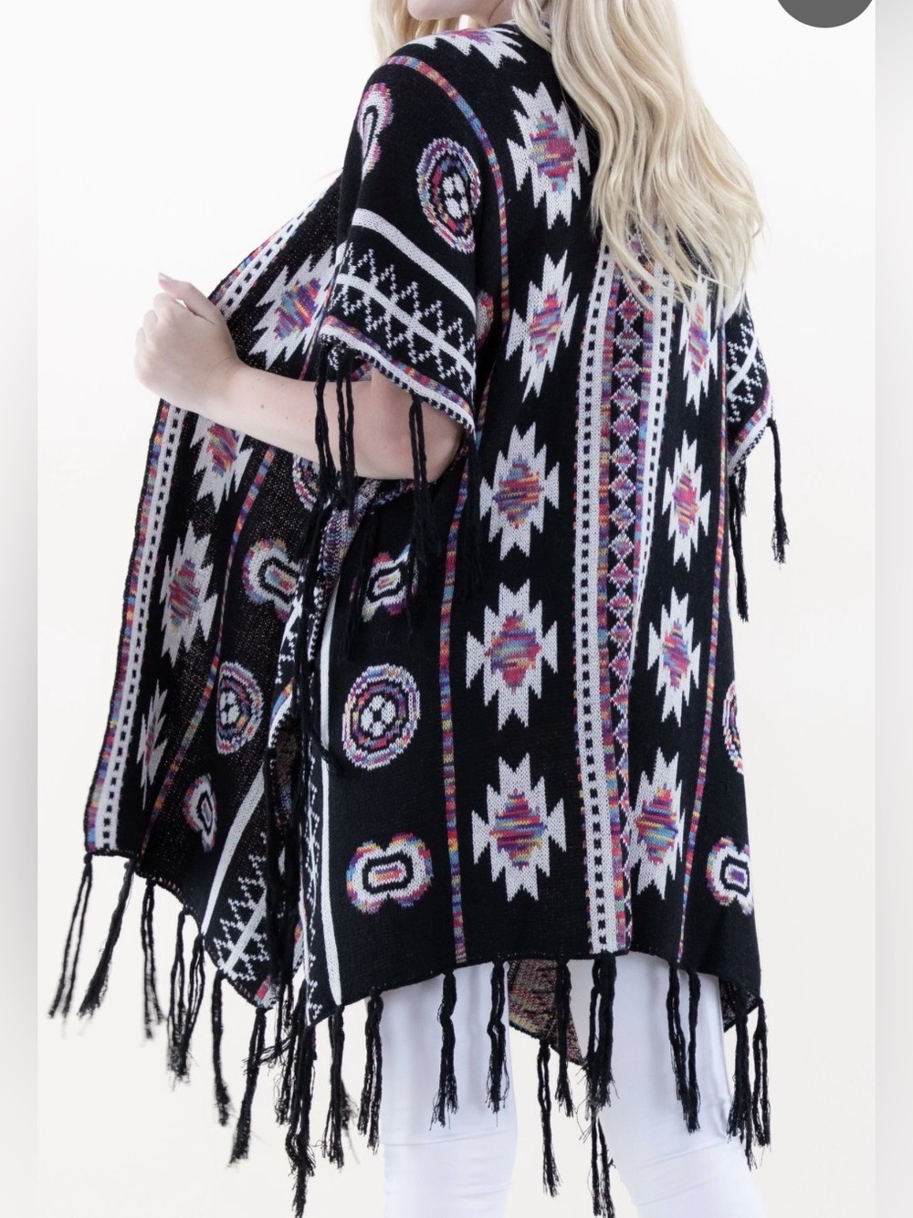 Bohemian Fringe Open-Knit Poncho - Black with Multicolor Motif
